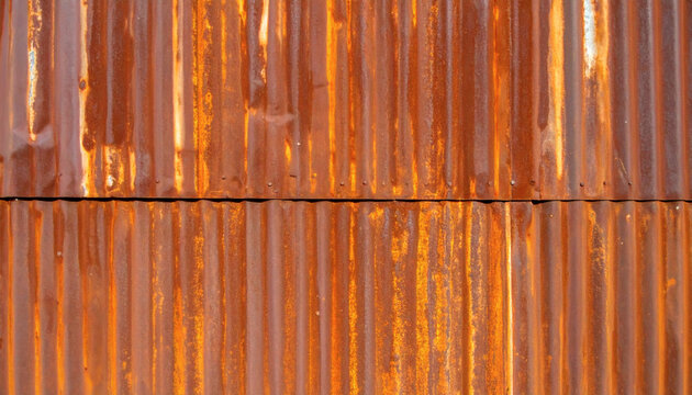 Corrugated metal texture featuring heavy orange rust patterns on a weathered industrial wall surface for architectural background design projects