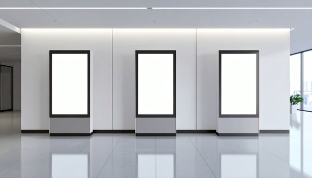 Three blank vertical digital signage screens standing in a modern bright office lobby with polished floor and white walls