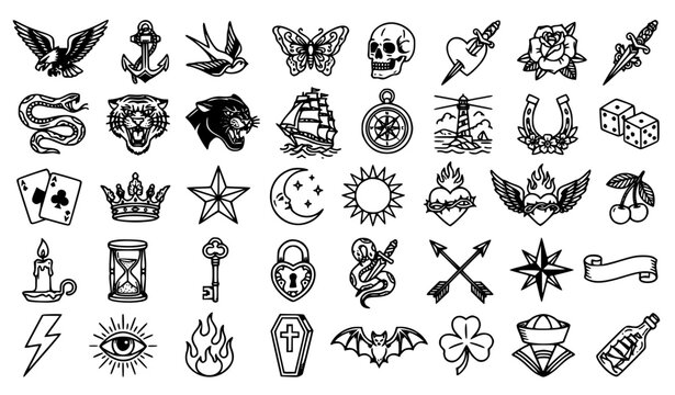 American Traditional Old School Tattoo Flash Line Art Vector Coloring Collection