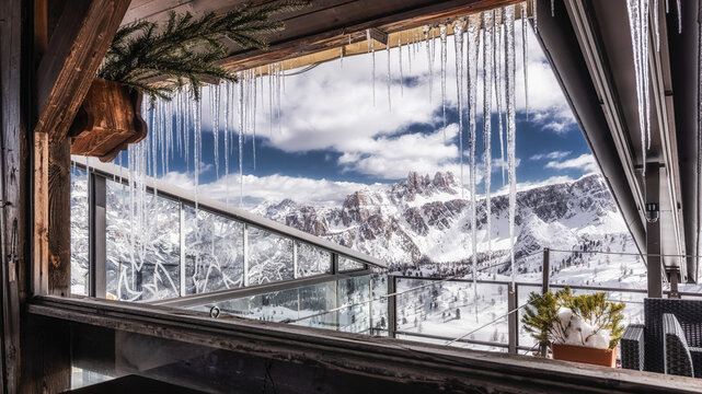 View of the snow-covered Cinque Torri mountain range in the Dolomites framed by a wooden balcony with hanging icicles under a bright blue sky in Cortina d'Ampezzo, Veneto, Italy.