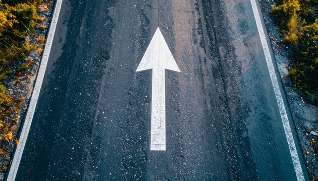 White arrow painted on wet asphalt road surface showing forward direction with yellow grass edges in a top down view