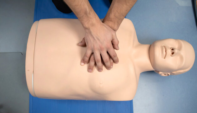 CPR training mannequin showing hands performing chest compressions during a medical emergency first aid lesson on a blue mat