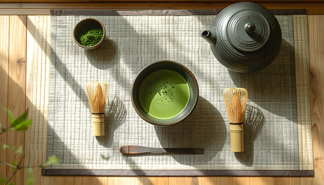 Matcha tea ceremony set with green beverage in a ceramic bowl, wooden whisk and teapot on a traditional mat
