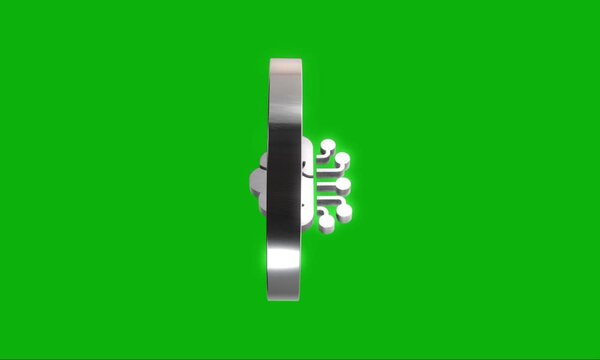 Metallic brain circuit logo spinning on green background.