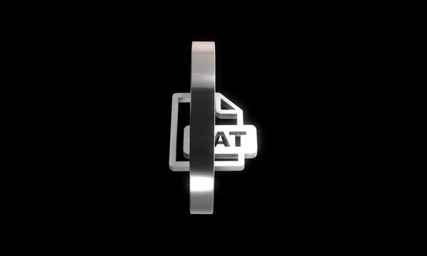 Metallic silver bat file format icon inside chrome ring rotating on black background for coding concept.