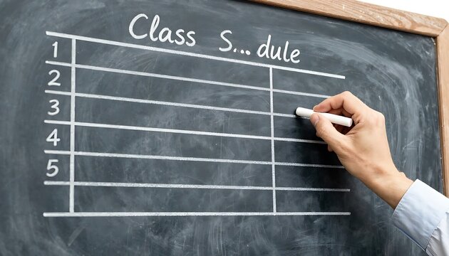 Person writing class schedule on blackboard organizing school lessons