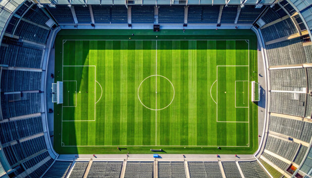 Soccer stadium aerial view featuring a green grass field with white markings and empty grandstands under clear bright daylight