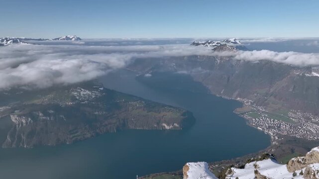 Aerial Panoramic View of Lake Lucerne from High Altitude Showing Lake Bend and Alpine Peaks