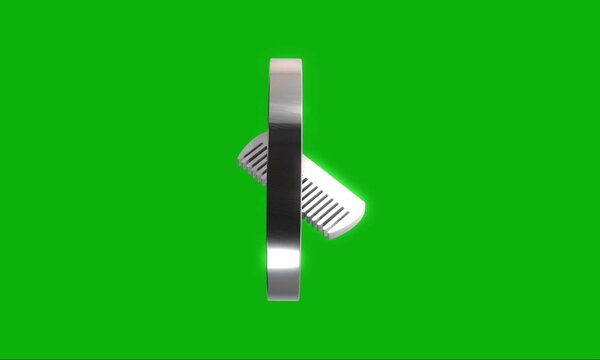 Rotating metal comb icon isolated on green screen for hair salon branding and barber shop video projects.