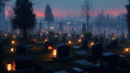 Naklejka premium Foggy cemetery at twilight
