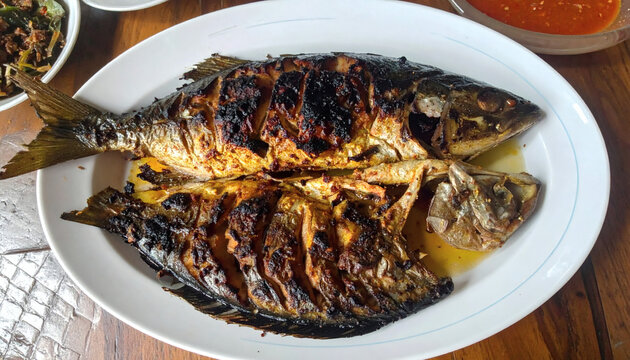 Grilled fish served on a white oval plate at a restaurant table with spicy dipping sauce for delicious dinner meal