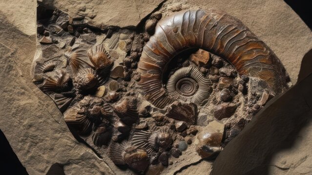 Fossil ammonite in rock