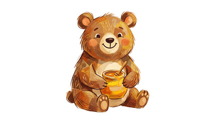Cute cartoon bear sitting and holding a pot of honey with a dipper. © Chrisnayanti