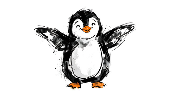 Cute hand drawn sketch of a happy little penguin with open wings.
