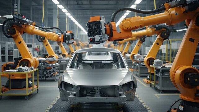 Industrial orange robotic arms equipped with advanced cameras perform precision assembly tasks on a steel car chassis along a modern automated vehicle production line assembly facility
