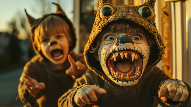 Terrifying children monsters with gruesome fangs in fierce monster costumes and face paint growling looking at camera on porch. American carnival for Halloween celebrating concept with copy-space.