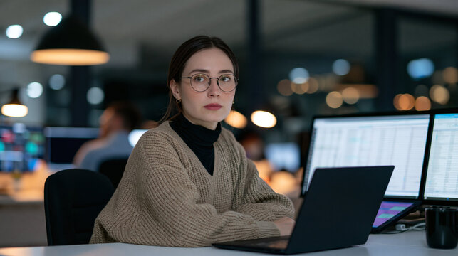 Focused Professional at Work: A determined young woman with glasses wears a cozy sweater as she sits at a desk in a dimly lit office.