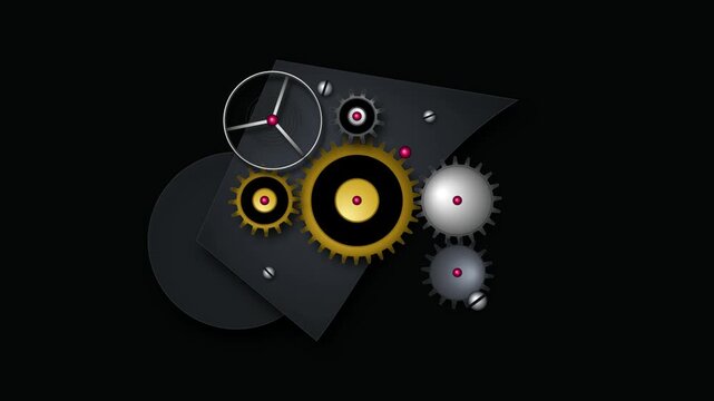 Mechanical clock gears and cogs assembly with gold and silver metal parts on a dark background showing internal watch machinery and industrial engineering design elements