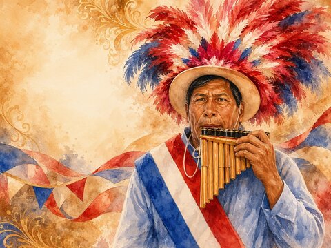 A Chilean musician plays the pan flute.