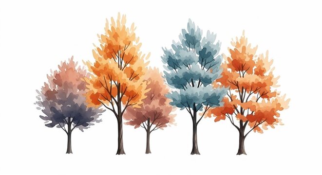 Watercolor collection of colorful autumn trees isolated on white background