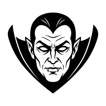 Stylized head of a vampire with sharp fangs and black cape isolated. Perfect for Halloween logos, horror t-shirt prints, comic book icons.