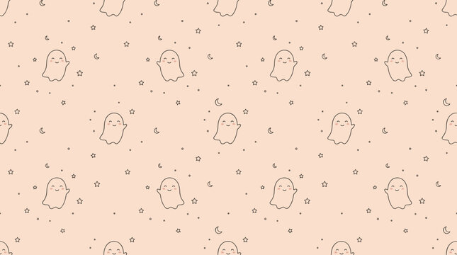 Cute cartoon ghost seamless pattern on peach background. Ideal for wrapping paper, nursery decor.