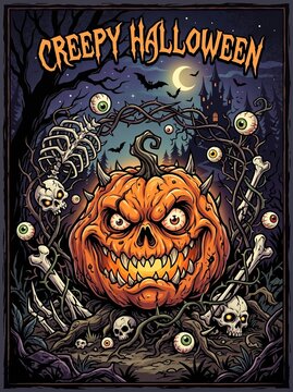 Spooky carved pumpkin with angry face and bones in a creepy night forest background. Perfect for Halloween posters, holiday banners, seasonal greeting cards