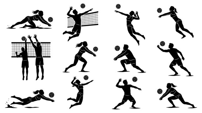Set of 12 black silhouettes showing players performing various volleyball moves isolated on a white background. Perfect for sports training manuals, fitness event flyers, web graphics