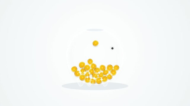 Clear glass piggy bank filled with shiny gold coins falling inside