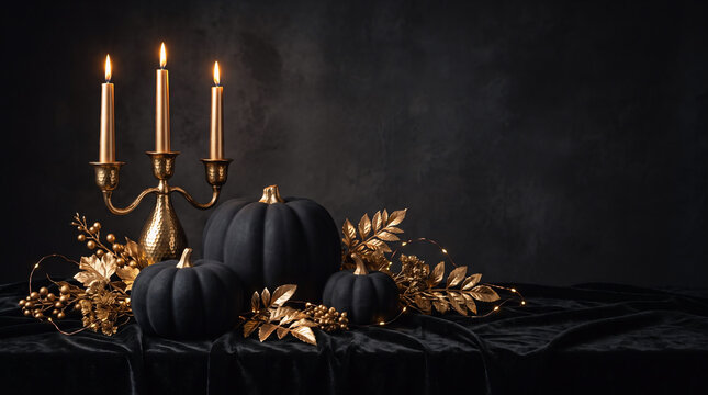 Elegant dark Halloween table setting with black pumpkins, candles, autumn foliage, and seasonal decorations creating a sophisticated atmospheric composition.