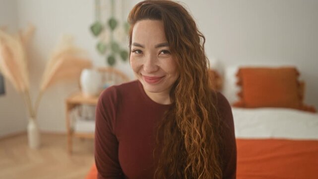 Woman on bed with long wavy hair smiling at camera, eyes closed in some frames, seated by pillows, pampas grass and nightstand in a bright bedroom; serenity.