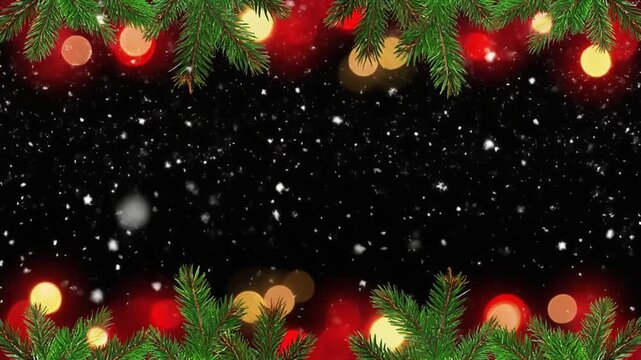 樅の枝と玉ボケが上下を飾る雪の枠　配信と動画に使える映像素材