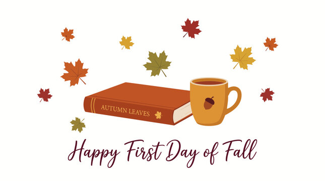 Autumn leaves seasonal greeting card, happy first day of fall vector illustration, cozy book and coffee mug with maple foliage