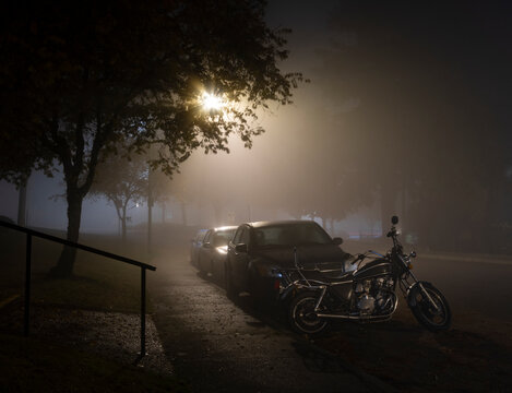 Fog covers a street with cars and a motorcycle near trees on a quiet night