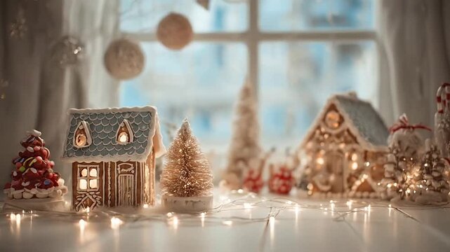 Gingerbread houses and festive decor on windowsill