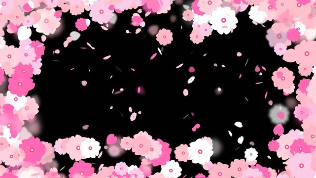 Pink cherry blossom petals falling with floral frame border