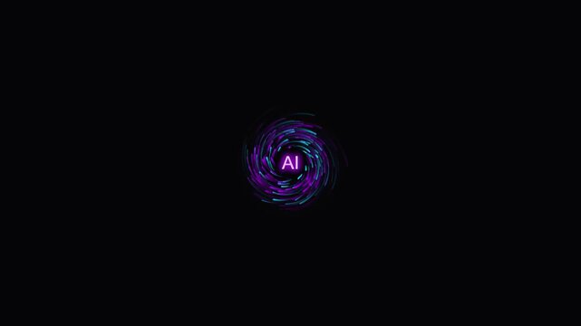 Neon ai logo symbol with a glowing blue and purple swirling light vortex on a dark black background representing artificial intelligence technology