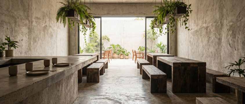 Eco Brutalist Cafe Interior With Concrete Counter and Hanging Plants