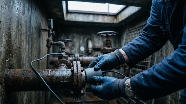Acoustic sensor inspects a wet valve connection in a utility vault