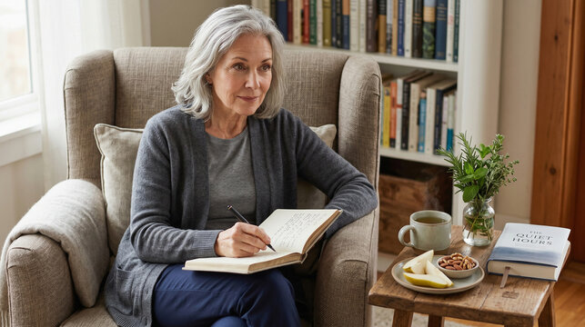 Mature Woman Journaling While Reading to Support Mental Wellness