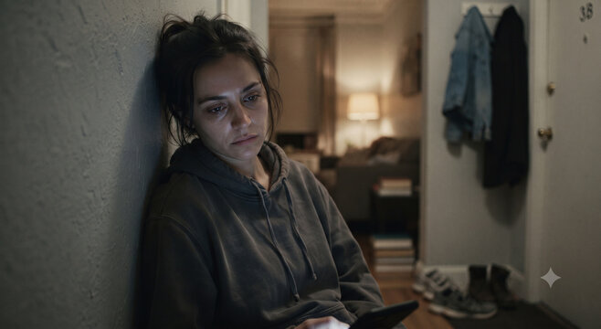 Numb Gaze in Apartment Corridor After Late-Night Phone Scrolling