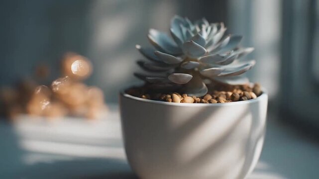 Succulent plant in white ceramic pot on windowsill.
