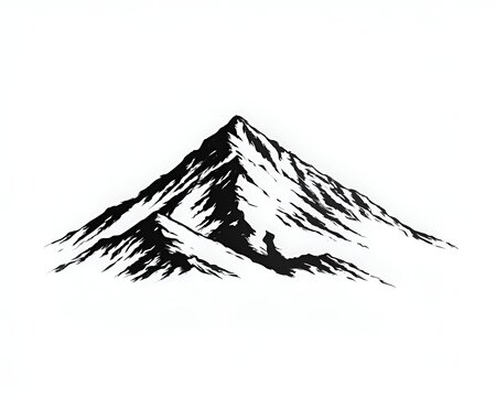 Stylized black and white illustration of a majestic mountain range with sharp peaks and dramatic shadows