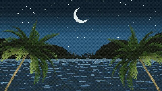8-bit pixel tropical background with a panorama of a tropical island and palm trees. Looped animation.