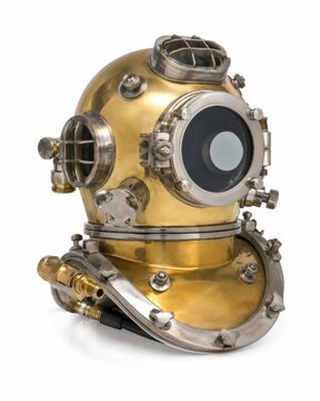 Vintage brass diving helmet with glass faceplate and air valve for underwater exploration
