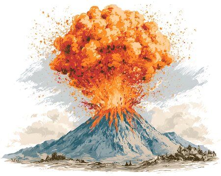 Massive volcano eruption spewing orange lava and ash cloud across a desolate landscape