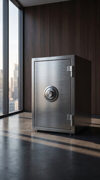 A sturdy metal safe sits in a modern office with a large window overlooking a city skyline