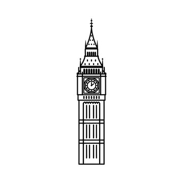 Minimalist black and white outline drawing of big ben clock tower with landmark, architecture