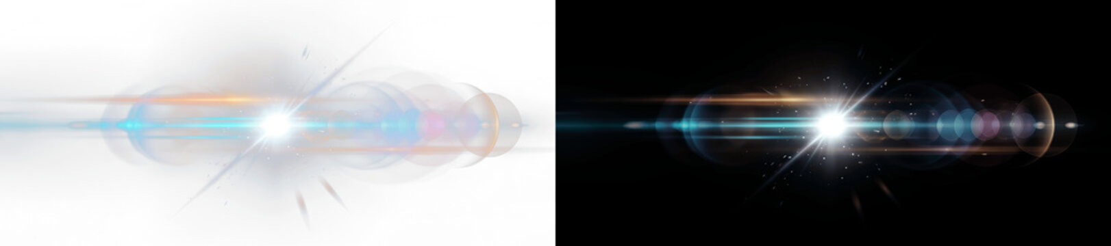 Cinematic lens flare and glowing light effect overlay, isolated on black background for easy blending. Realistic optical starburst and anamorphic streaks for photography, digital compositing