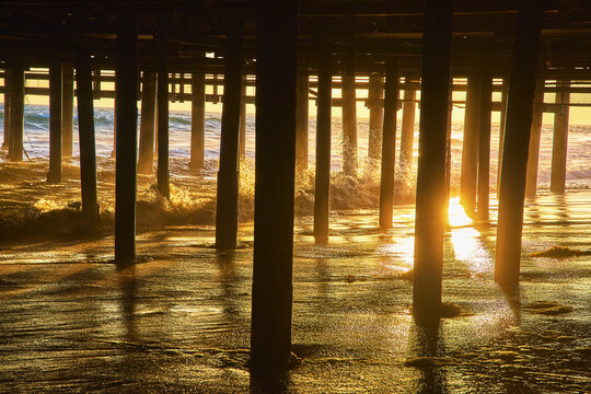 Santa Monica Pier Ocean Waves and Golden Hour Beach Reflections California